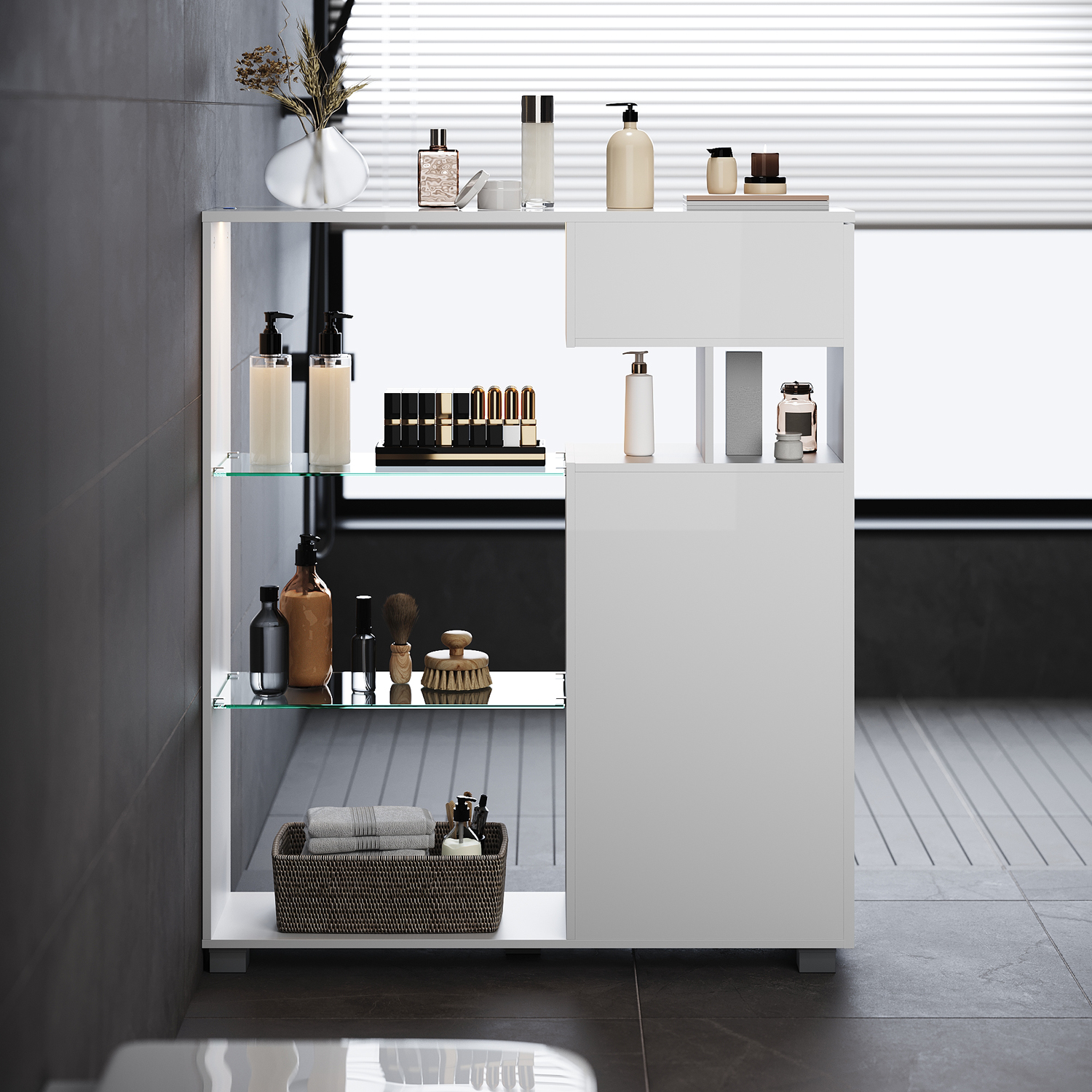 Sonni Badezimmerschrank Mit Led-sensor, Weißer Aufbewahrungsschrank Mit Drei Schubladen Und Einem Linksseitigen Klappfach, 100 X 26 X 116 Cm