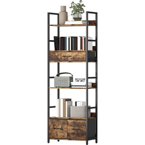Sechsstöckiges Bücherregal Mit Vier Regalböden Und Drei Stoffschubladen. 60 X 30 X 176 Cm. Rustikales Braun.