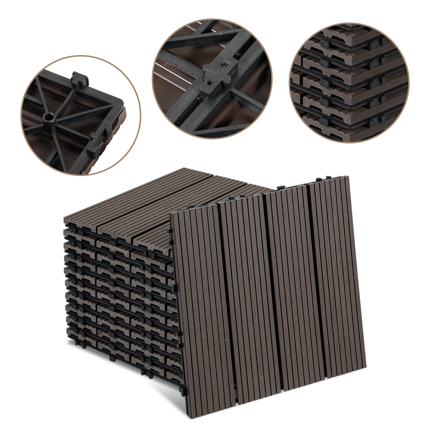 Wolketon 55pcs Wpc Terrassenfliesen Für Garten Balkon Bodenbelag 30x30cm Dunkelbraun Mit Drainage Und Klicksystem
