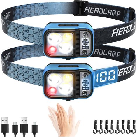 Set Mit 2 Wiederaufladbaren Led-stirnlampen, 5 Modi, Usb-c-anschluss, Bewegungssensor, Digitale Leistungsanzeige, Höhenverstellung, Für Camping Und Reparaturen