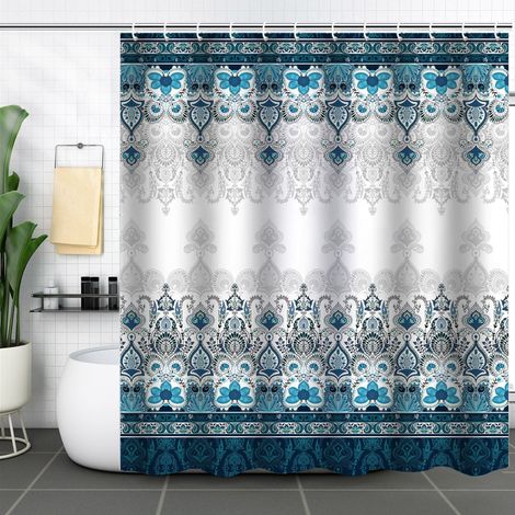 Duschvorhang Aus Stoff, 180 Cm Breit X 180 Cm Hoch, Im Bohème-stil, Schimmelresistent, Mit Pfauenfedermuster, Wasserdicht, Badezimmervorhang