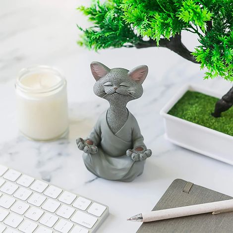 Meditationsstatue, Zen-katzenstatue, Yoga-dekoration, Harzfigur, Meditations-yoga-dekoration, Feng-shui-ornament, Skulpturensammlung, Kunsthandwerk, Gartendekoration (petit Gris)