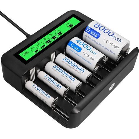 Universelles Lcd-ladegerät Mit 8 Steckplätzen, Kompatibel Mit Aa/aaa/c/d-batterien, Usb- Und Typ-c-anschlüssen Sowie Erkennung Beschädigter Batterien.