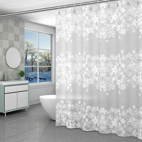 80 X 180 Cm, Peva Wasserdichter, Schimmelresistenter Duschvorhang Mit Blumenmuster, Waschbarer Weißer Duschvorhang Mit Blumenmuster, Duschvorhang Für Badezimmer Mit Ösenhaken