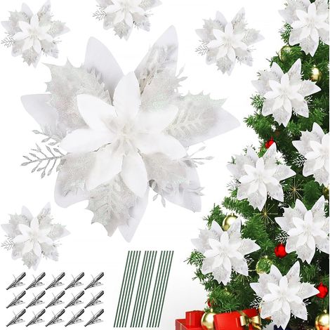(weiß) Set Mit 12 Künstlichen Christbaumblumen Mit Clips, Künstliche Blumen Mit Glitzerpuder Für Weihnachtsdekorationen, Girlande