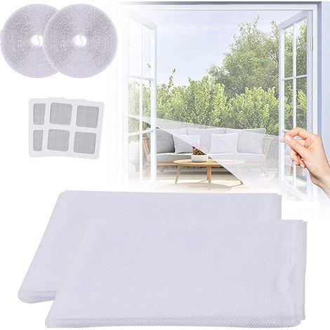 Set Mit 2 Fenster-moskitonetzen 150 X 130 Cm Aus Weißem Nylongewebe, Mückensicher, Mit Klebestreifen + 3 Flicken
