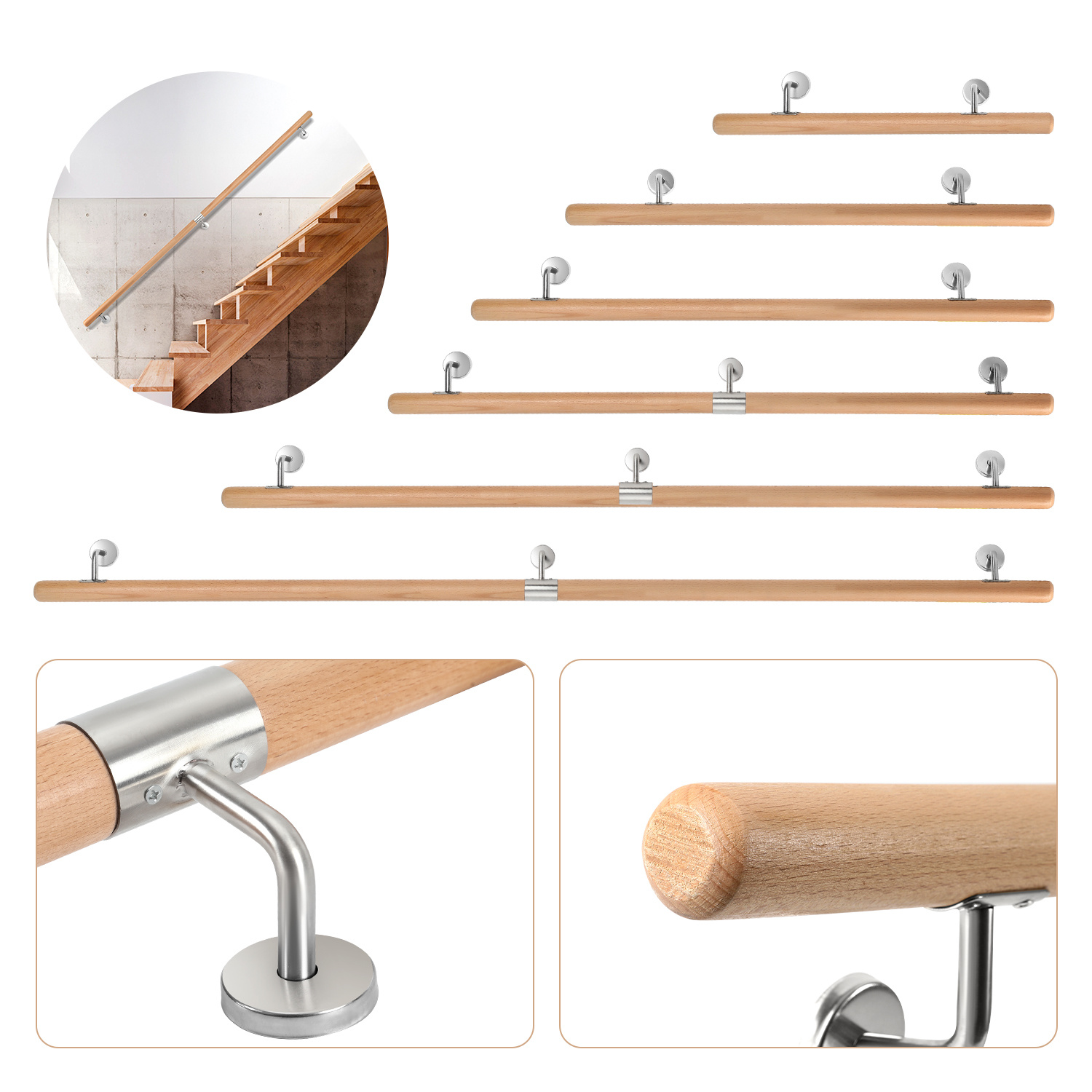Tolletour Buchenholz Handlauf 200 Cm, 2-teilig, Treppenhandlauf Aus Massivholz Mit Edelstahl-wandhalter, Ø 4,2 Cm, Lackiert, Für Treppe Flur Bad Gartenstufen