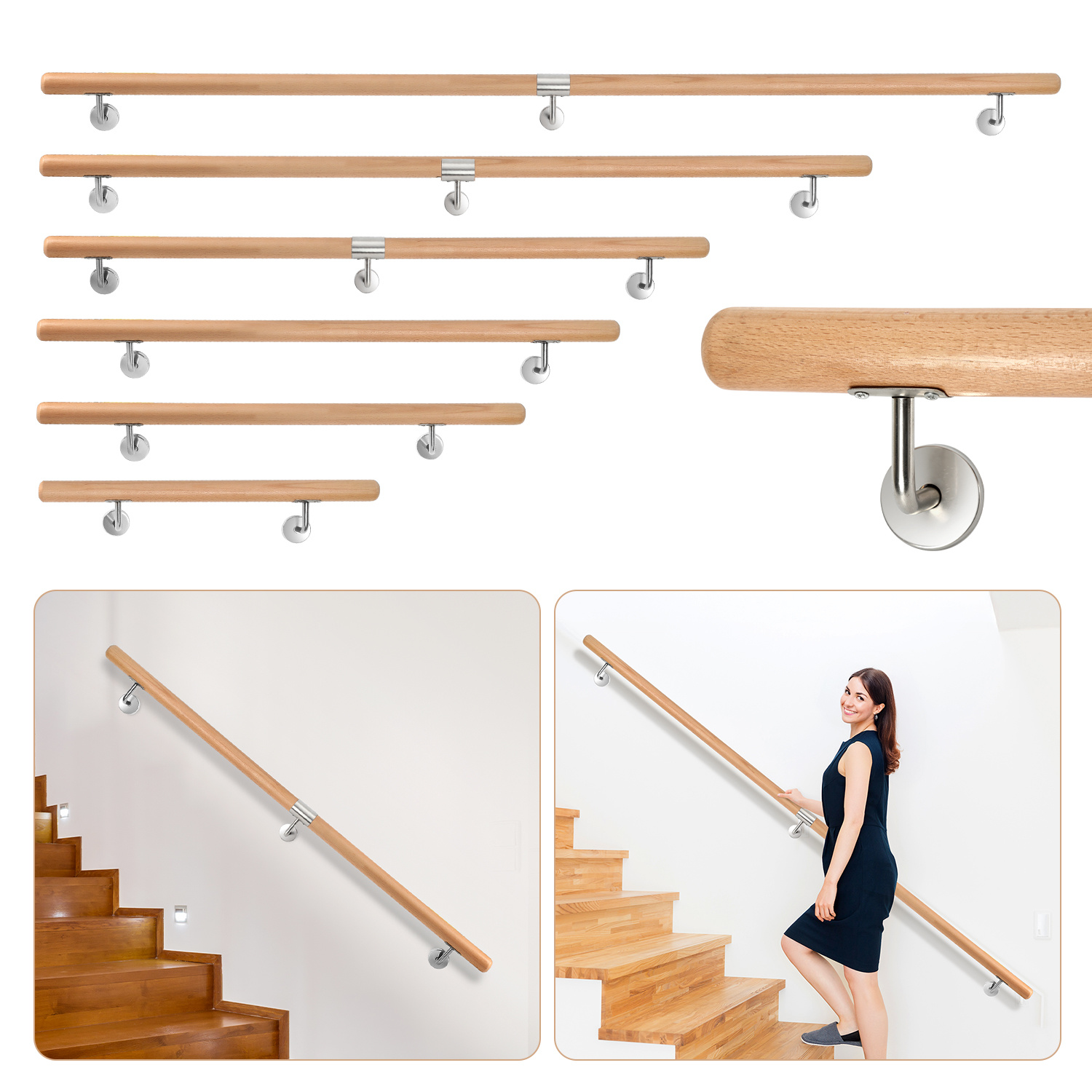 Tolletour Buchenholz Handlauf 80 Cm, Treppenhandlauf Aus Massivholz Mit Edelstahl-wandhalter, Ø 4,2 Cm, Lackiert, Für Treppe Flur Bad Gartenstufen
