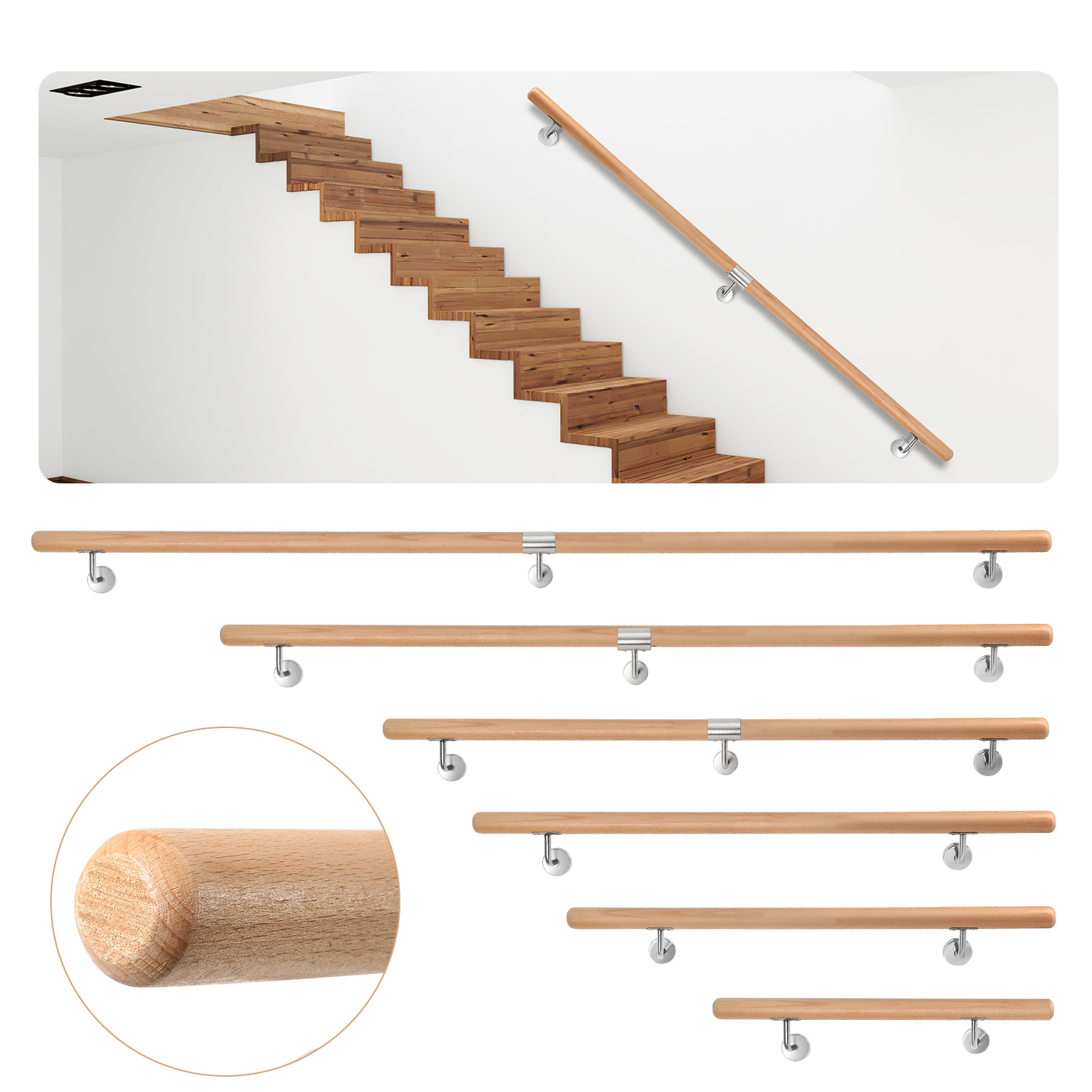 Tolletour Buchenholz Handlauf 120 Cm, 2-teilig, Treppenhandlauf Aus Massivholz Mit Edelstahl-wandhalter, Ø 4,2 Cm, Lackiert, Für Treppe Flur Bad Gartenstufen