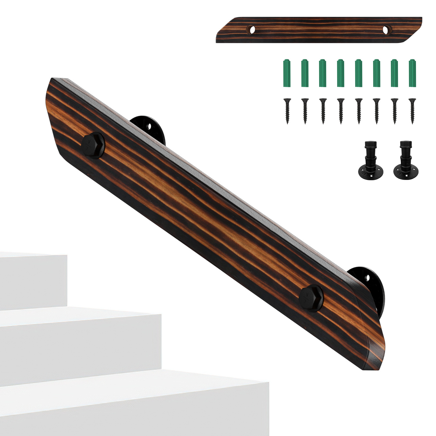 Tolletour Wandhandlauf Aus Kiefernholz 60 Cm, Braun Mit Holzmaserung, Treppenhandlauf Mit Eisenhalter, Horizontal Vertikal Schräg Montierbar