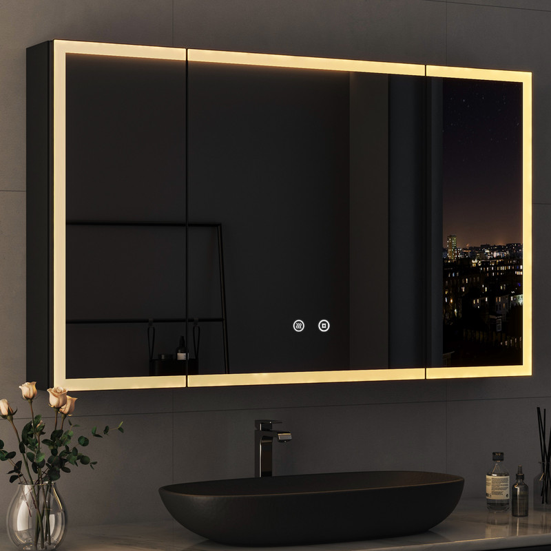90 X 60 Cm 3 Türen Spiegelschrank Bad Mit Beleuchtung Led Spiegelschrank Mit Beleuchtung Badspiegel Schwarz Mit Beleuchtung Medizin Kabinett Hängeschränke Mit 3 Einstellbare Lichtfarben, Beschlagfrei,