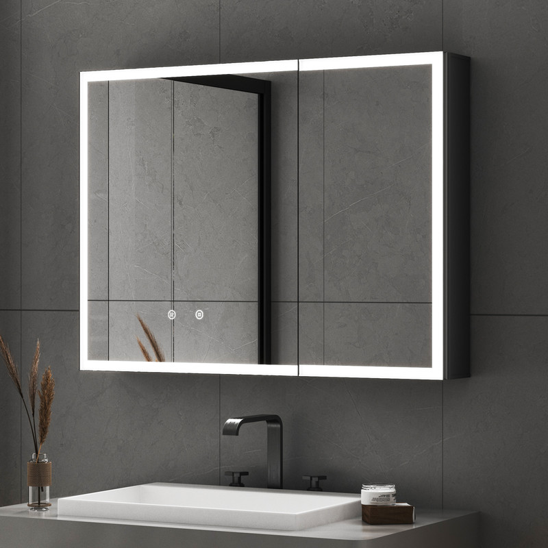 80 X 60 Cm Spiegelschrank Bad Mit Beleuchtung Led Spiegelschrank Schwarz Mit Beleuchtung Badspiegel Schwarz Mit Beleuchtung Medizin Kabinett Hängeschränke Mit 3 Einstellbare Lichtfarben, Beschlagfrei