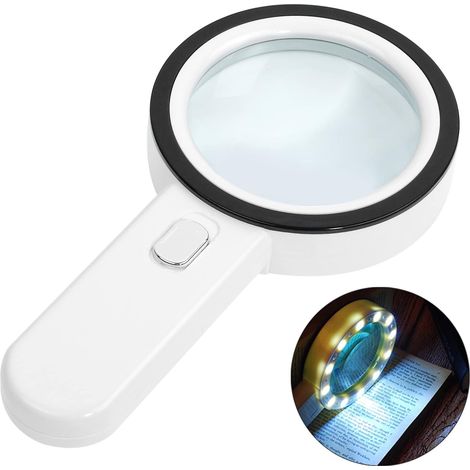 Weißes Vergrößerungsglas Mit 12 Leds, Tragbare Beleuchtete Lupe Zum Lesen, Für Schmuck, Senioren, Sehbehinderte, Beobachtungen Und Bastelarbeiten