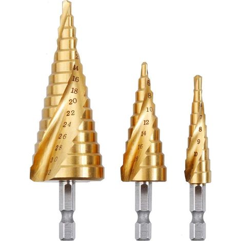 3-teiliges Stufenbohrer-set, Hss-edelstahl, 412/20/32 Mm, Titan-kegeldreieck, Mit Sechskantschaft, Zum Bohren In Stahl, Messing, Holz Und Kunststoff