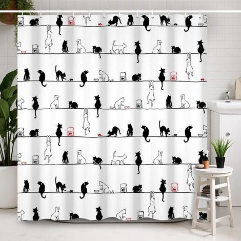 Duschvorhang Mit Katzenmotiv (150 X 180 Cm) In Schwarz-weiß Mit Haken, Wasserdichter Duschvorhang Mit Niedlichem Kätzchenmotiv Für Haustiere