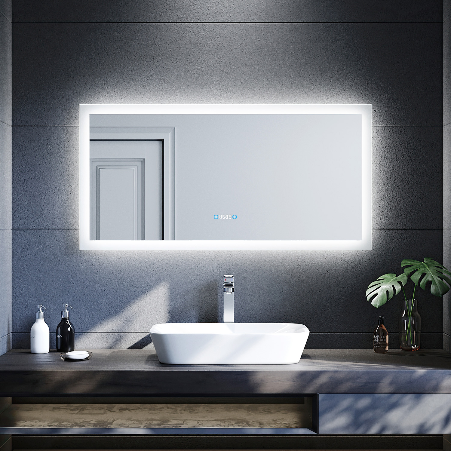 Badspiegel Led Touch Beleuchtung 120x60cm Uhr Beschlagfrei Badezimmerspiegel Mit Led 120 Wandspiegel - Sonni