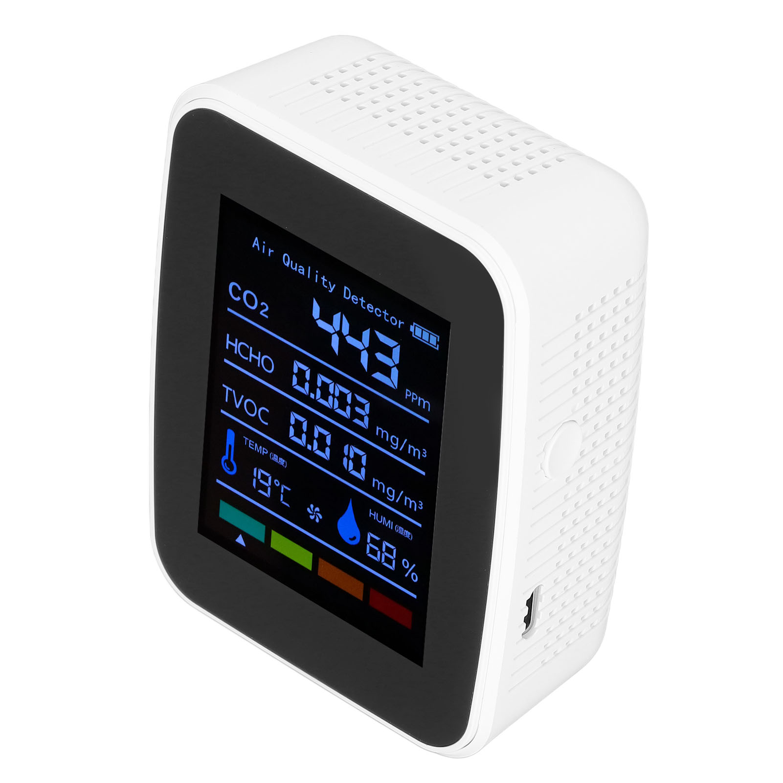 5-in-1 Innenraumluftanalysator, Digitaler Co2-sensor, Thermo-hygrometer, Innenraumluftqualität, Co2-detektor, 5-funktions-tester, Weiß (mit Eingebauter Batterie).