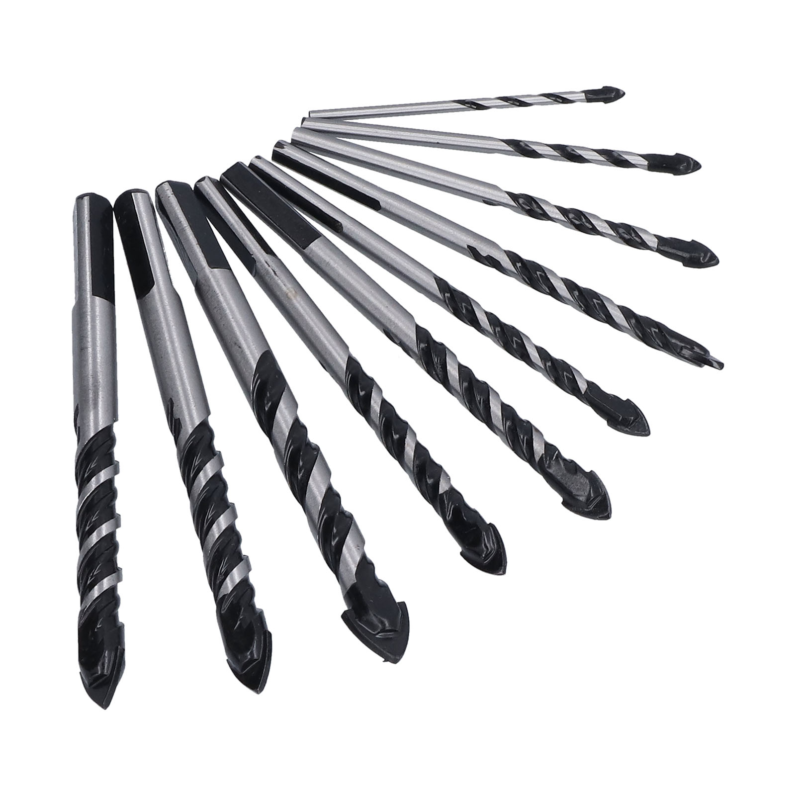 Set Mit 10 Schwarzen Mehrzweck-dreieckbohrern Für Mauerwerk, Glas, Aluminium, Keramik Und Fliesen. Verpackung Im Pe-beutel (details Folgen).