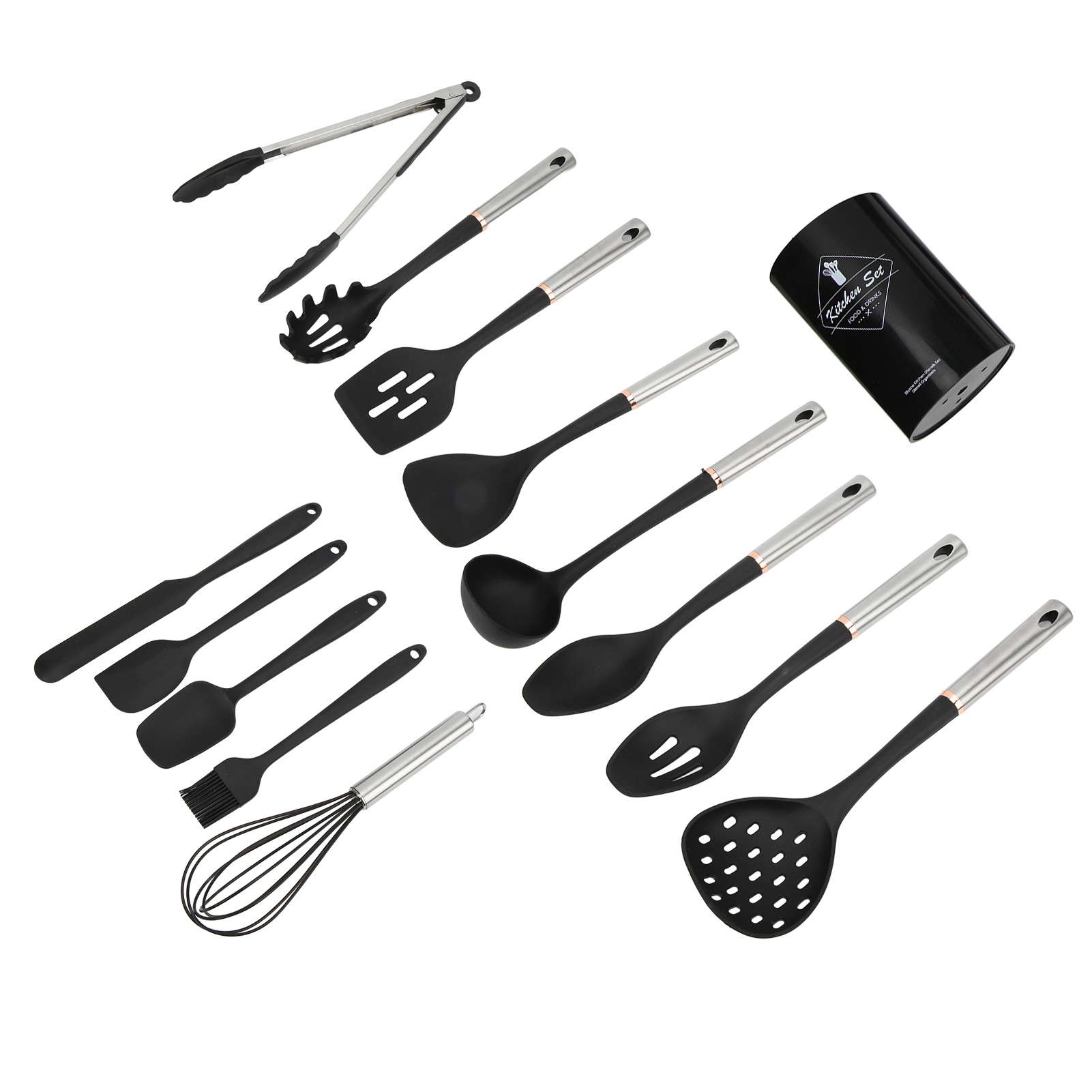 Set Mit 14 Schwarzen Küchenutensilien Aus Silikon Mit Hohlen Edelstahlgriffen, Darunter Löffel, Pfannenwender Und Kochlöffel.
