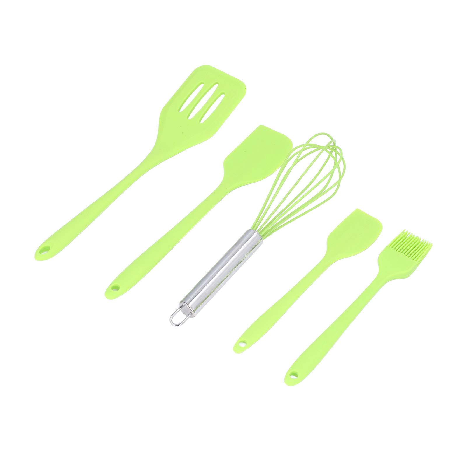 Set Aus 5 Grünen Küchenutensilien Aus Silikon: Schneebesen, Spatel, Steakschaufel, Schaumlöffel Und Schaber Für Gebäck Und Kochen.