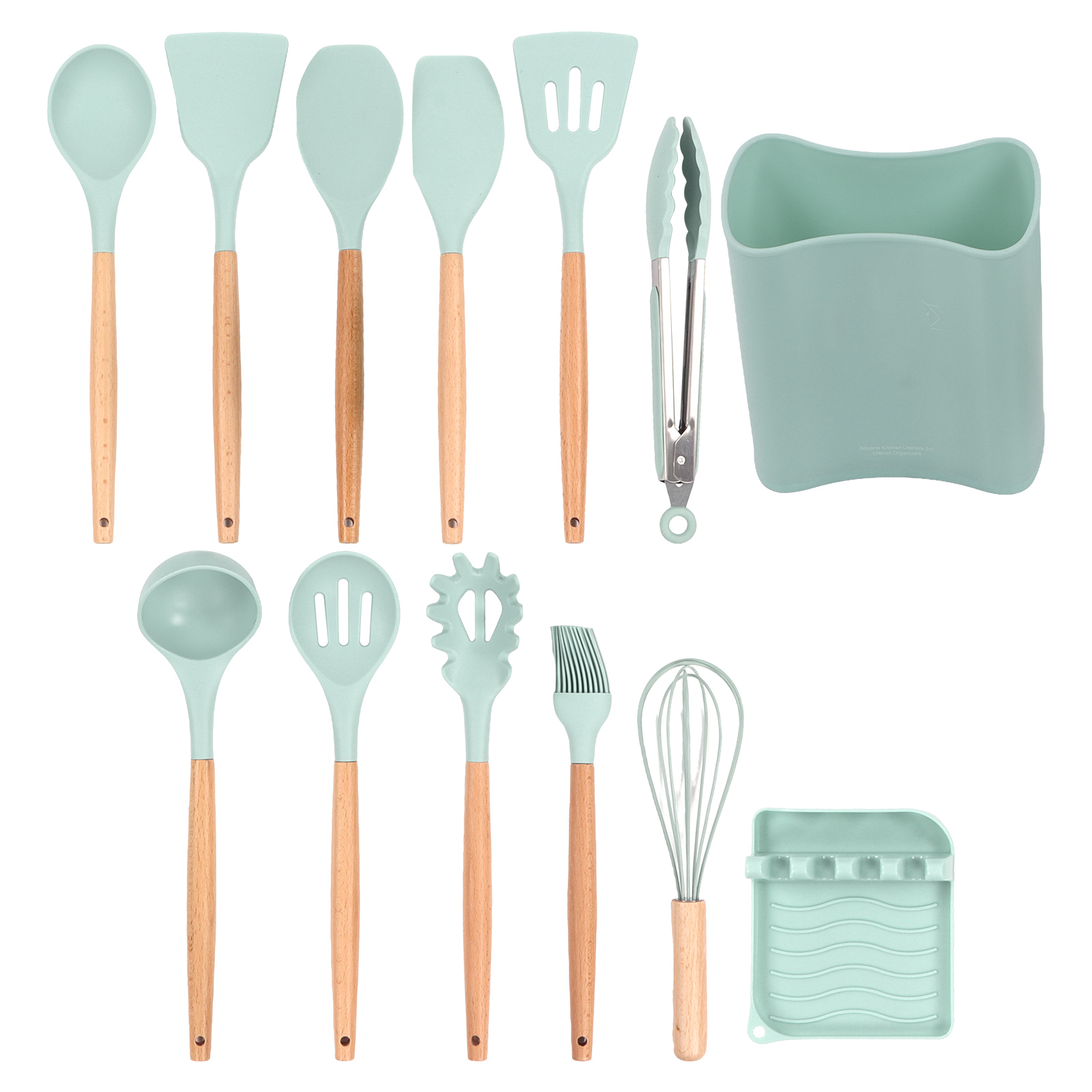 Set Aus 13 Küchenutensilien Aus Silikon Mit Holzgriff, Antihaftbeschichtet, Inklusive Löffel, Pfannenwender Und Aufbewahrungsständer, Hellgrün.