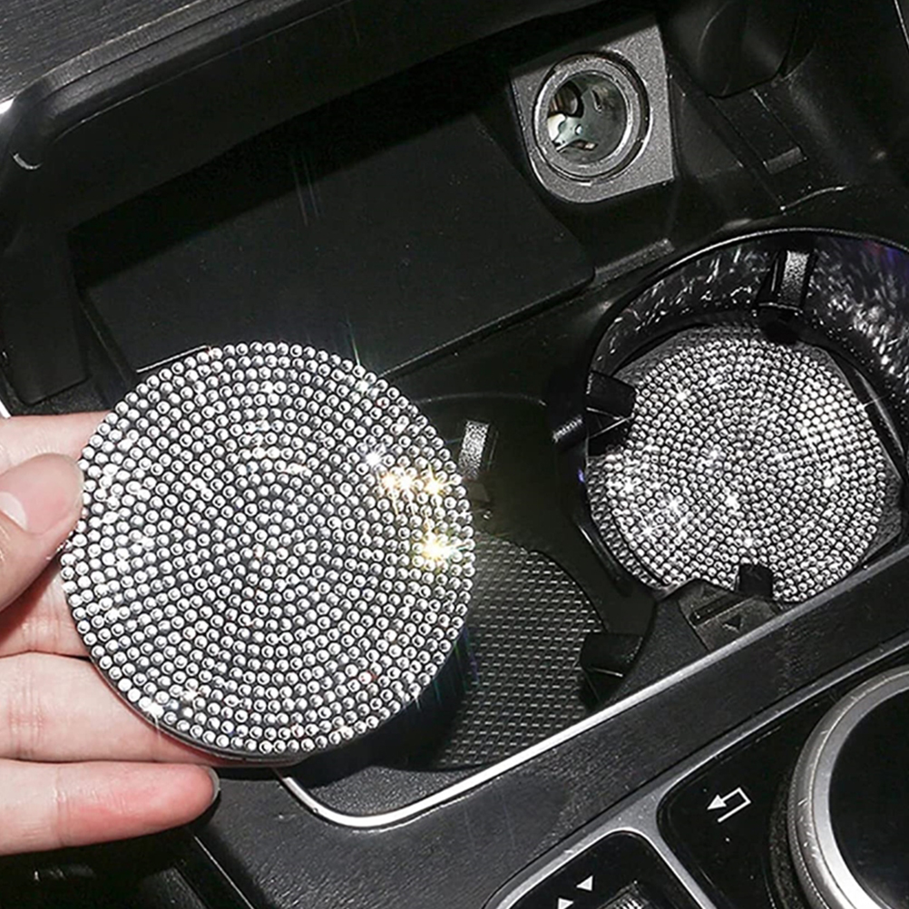 Set Mit 2 Rutschfesten Strass-auto-untersetzern, Weiß, Für Auto Und Zuhause, Dekorativ, Im Beutel