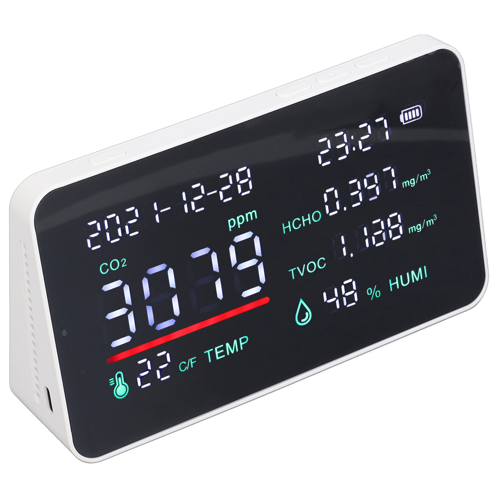 Co₂-detektor Für Zuhause, Raumluftqualitätssensor Mit Feuchtigkeits- Und Temperaturmessung, Usb-aufladbar, Integrierter Akku, Weiß