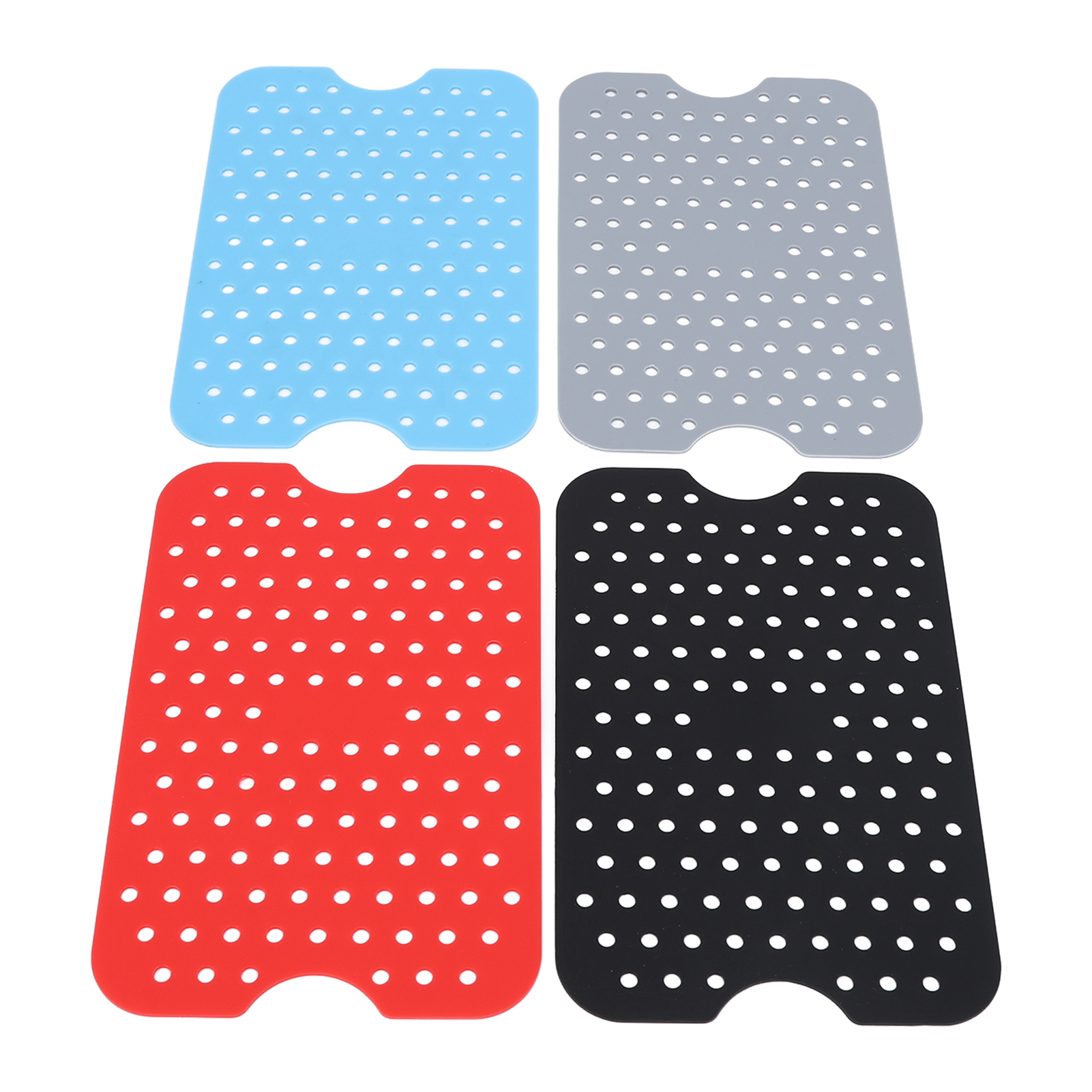 Set Aus 4 Silikonmatten + 1 Kochbrett Für Heißluftfritteuse, Wiederverwendbar, Doppelkörbe, Leicht Zu Reinigende Antihaftbeschichtung, Farben Schwarz-grau-rot-blau, Kleines Kochbrett Inklusive.
