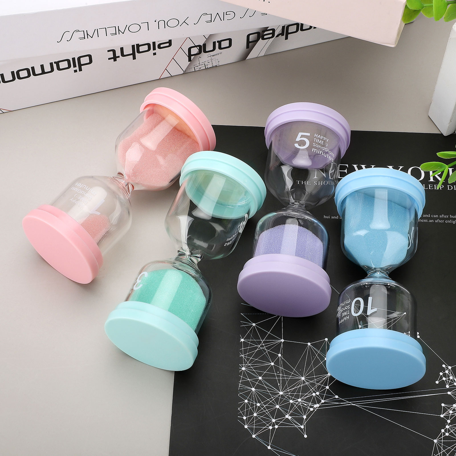Set Mit 19 Mini-macaron-sanduhren: 1 Rosa, 3 Grüne, 5 Lila, 10 Blaue – Je Größe 4,2 X 9,8 Cm.