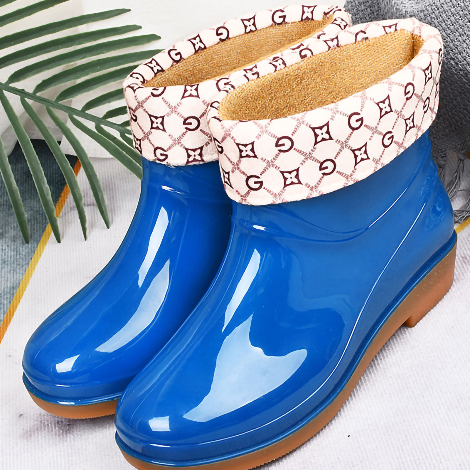 Damen-regenstiefel, Niedrig Geschnitten, Rutschfest, Modische Küchenregenstiefel, Kurze Regenstiefel Mit Strapazierfähiger Gummisohle, Blau Mit Fleecefutter, Größe 36