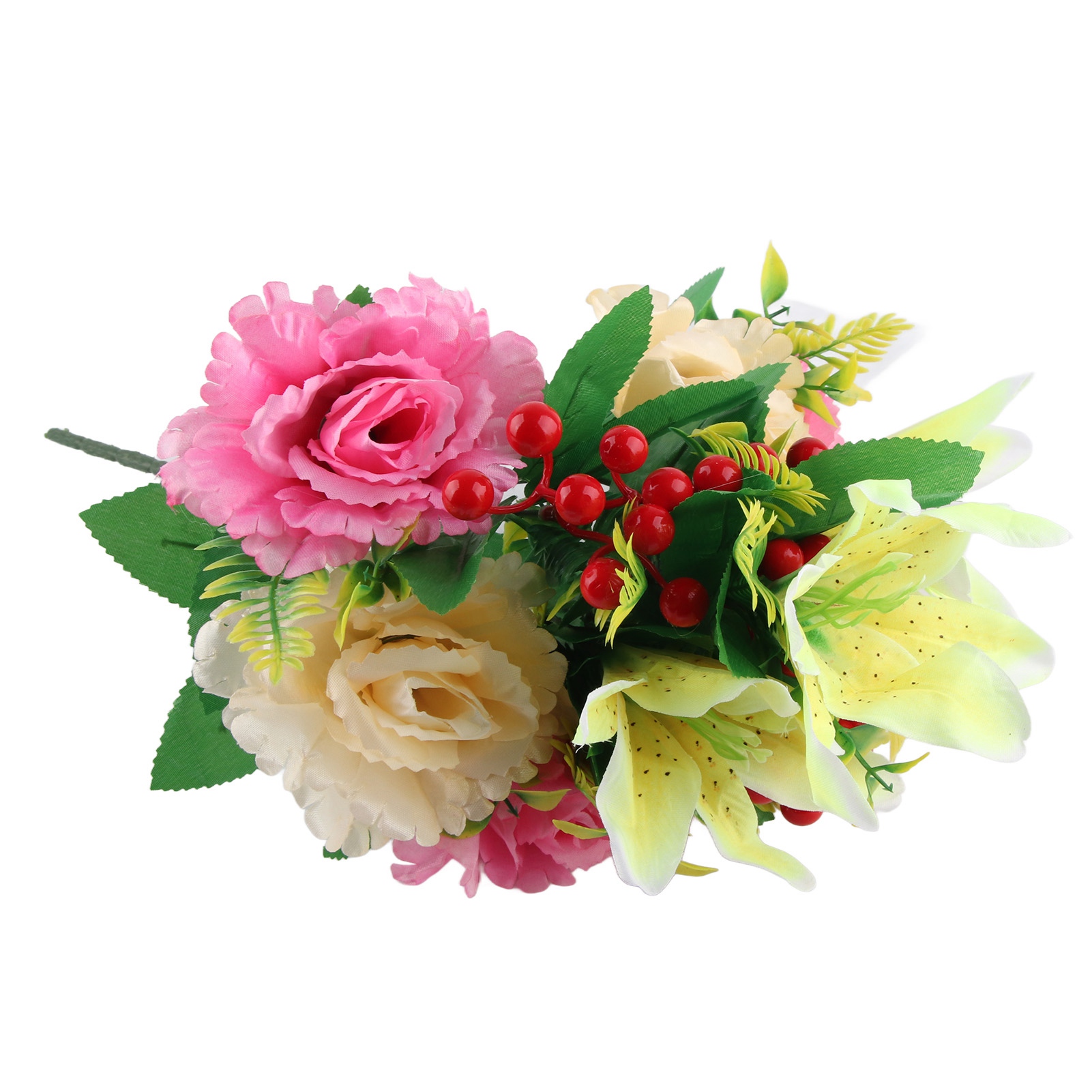 Trauerstrauß Aus Künstlichen Rosa Und Gelben Blumen, Lilien Und Zweigen – Stoff, Kunststoff, Draht – Gesamthöhe 45 Cm, 3 Lilien (12 Cm), 6 Pfingstrosen (10 Cm), 27 Früchte (1 Cm) – Maße 43 X 7 X 2 Cm,