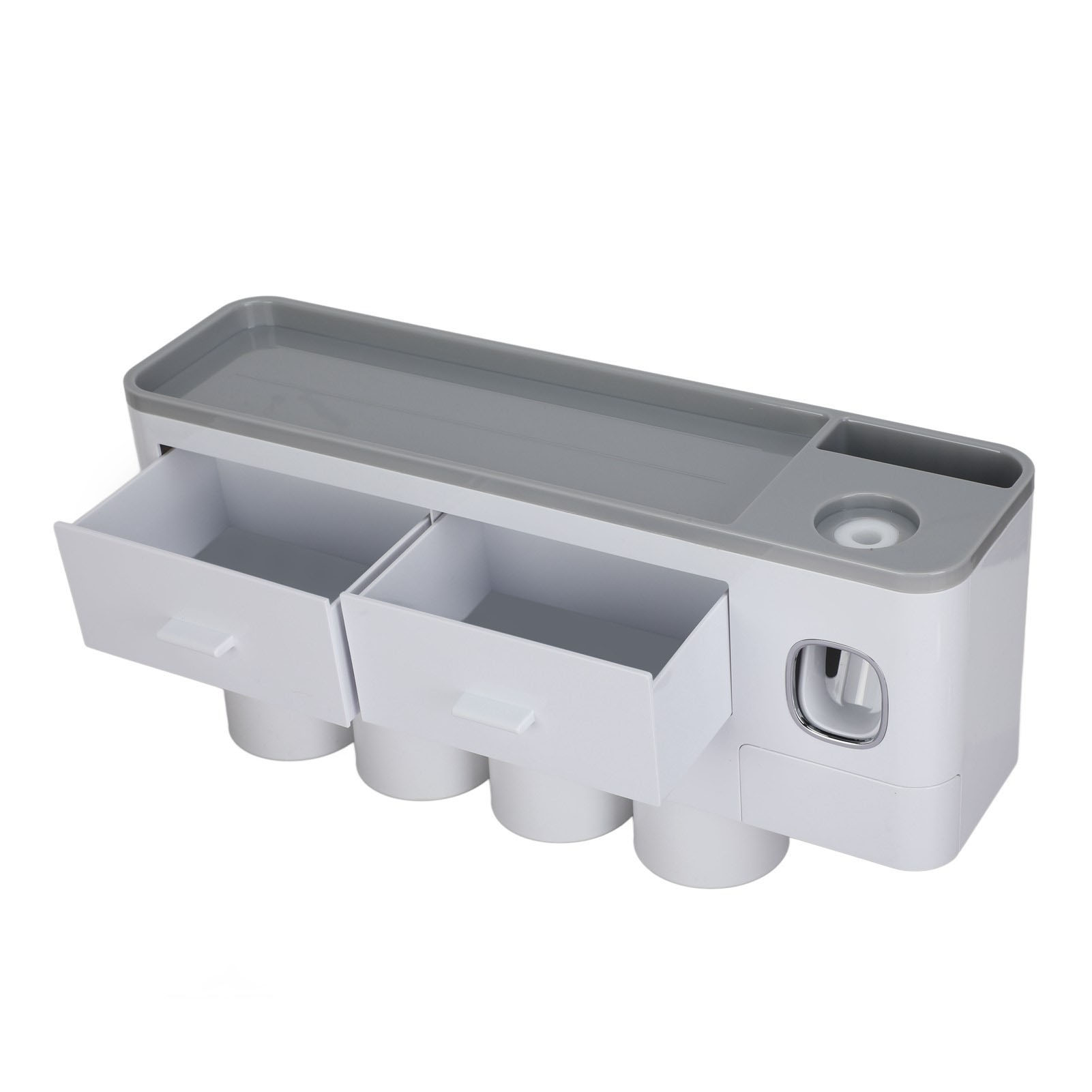 Magnetischer, Wandmontierter Zahnbürstenhalter Mit Zahnpastaspender, Einer Schublade Zur Aufbewahrung Und 4 Grauen Bechern.