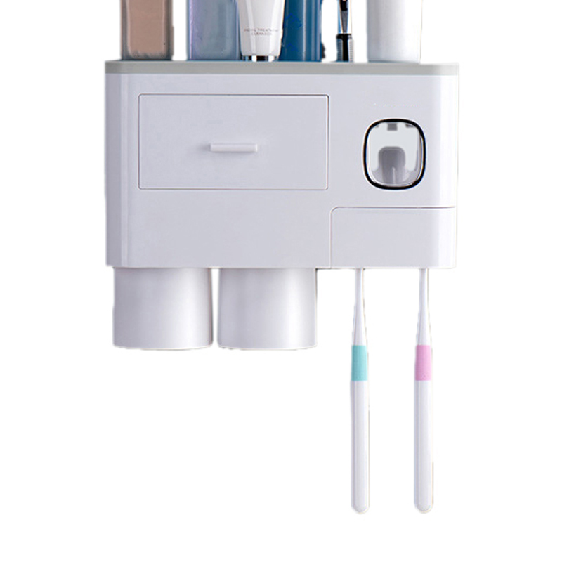 Multifunktionales Magnetisches Wand-zahnbürstenhalter-set Mit Schublade, Zahnpastaspender Und 2 Gläsern – Grau