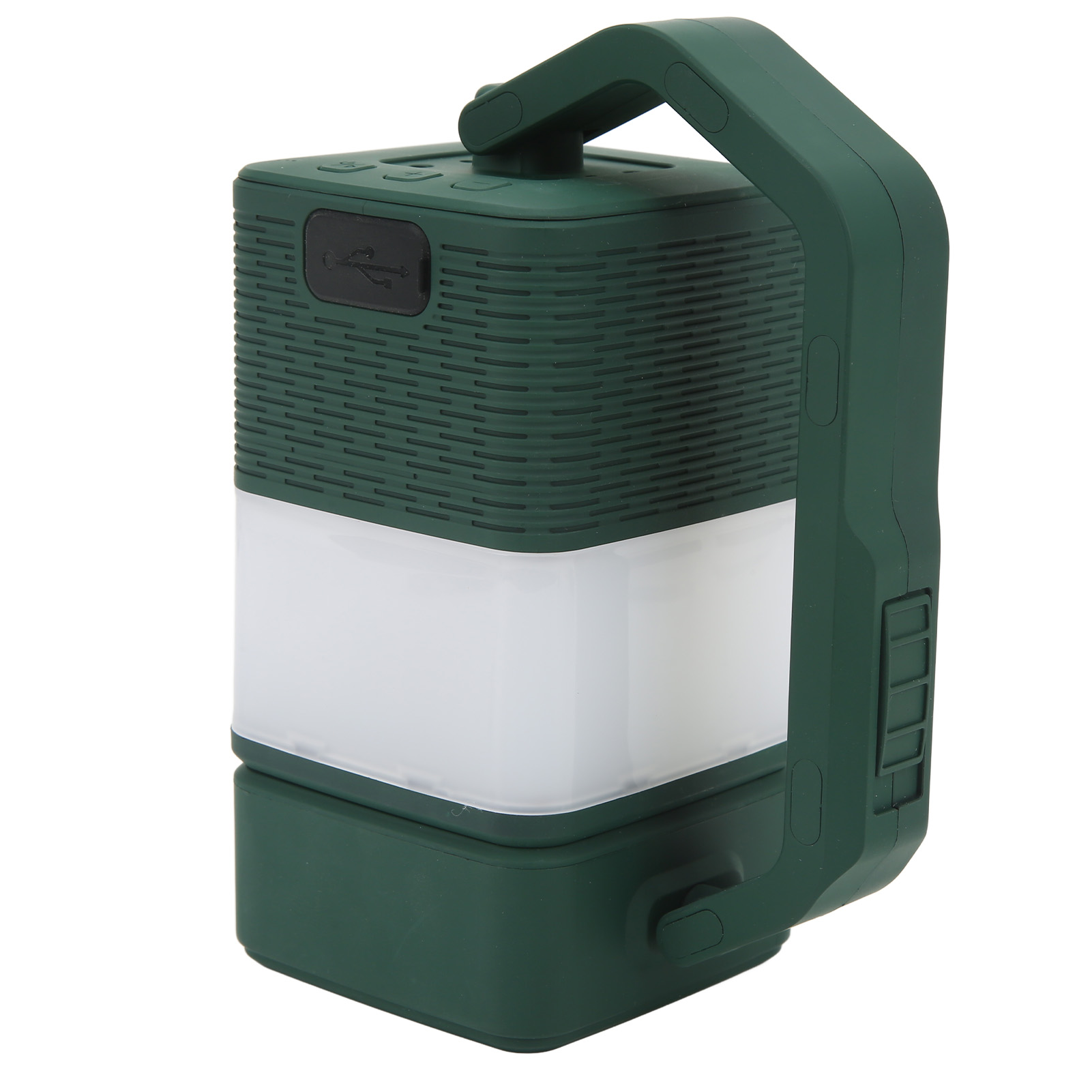 Grüne Led-campinglampe Mit Bluetooth-lautsprecher, Eingebautem Lithium-akku Und Usb-notbeleuchtung Für Zelt Und Outdoor-einsatz.