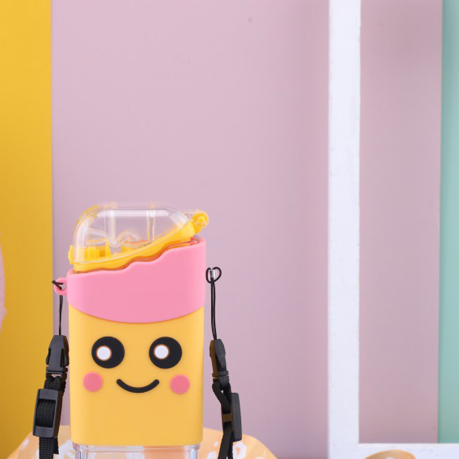 Kreativer, Doppelwandiger 400-ml-plastikbecher Mit Strohhalm Und Trageband, Niedliches Cartoon-design Für Schüler, Tragbar, Direkt Vom Hersteller