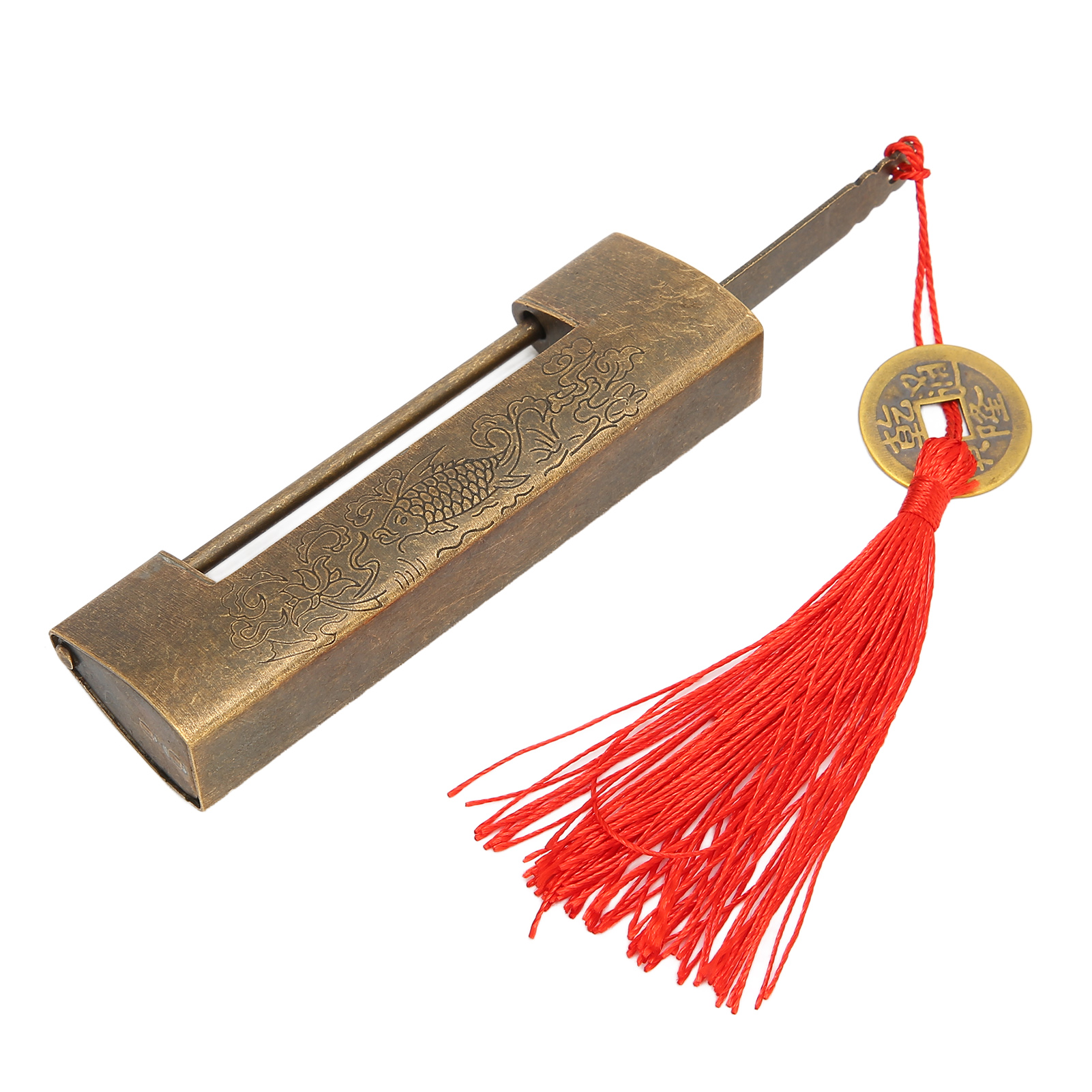 Antikes Chinesisches Messing-vorhängeschloss, Glücksfisch-motiv, Seitliche Öffnung, Kupferfarben, 5,9 Cm Lochabstand, Antiker Stil