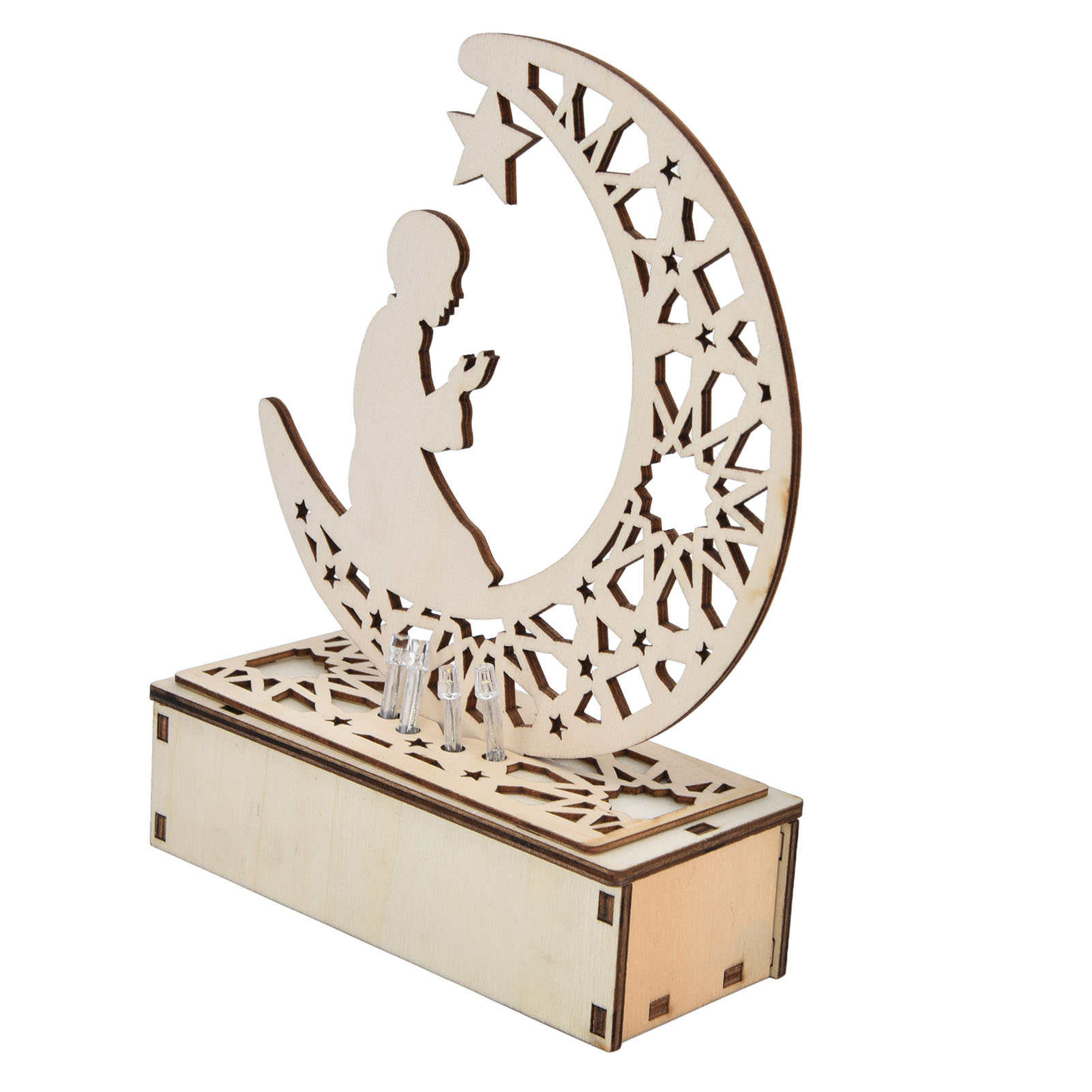 Handgefertigte Holzdekoration, Durchbrochener Mond Mit Buchstaben Für Eid Al-fitr, Eid Al-adha Und Ramadan (modell Jm01931, Ohne Batterien)