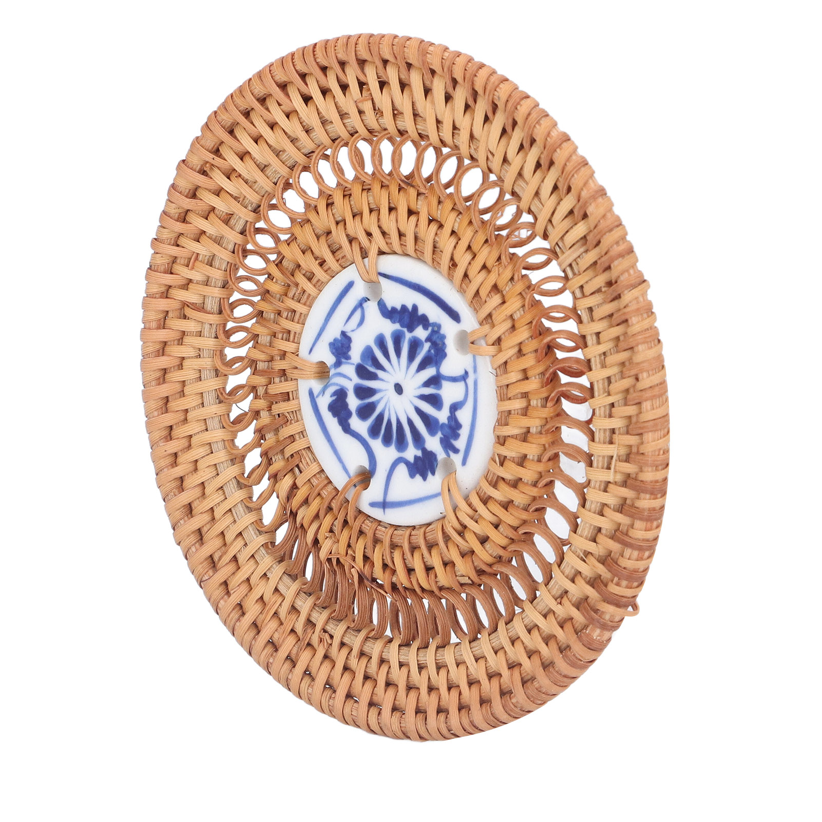 Vietnamesisches Handgewebtes Set Aus 10 Rattan-untersetzern Mit Blauen Keramikeinsätzen, Rund, 10 Cm, Tassenuntersetzer (in Luftpolsterfolienbeutel Verpackt)