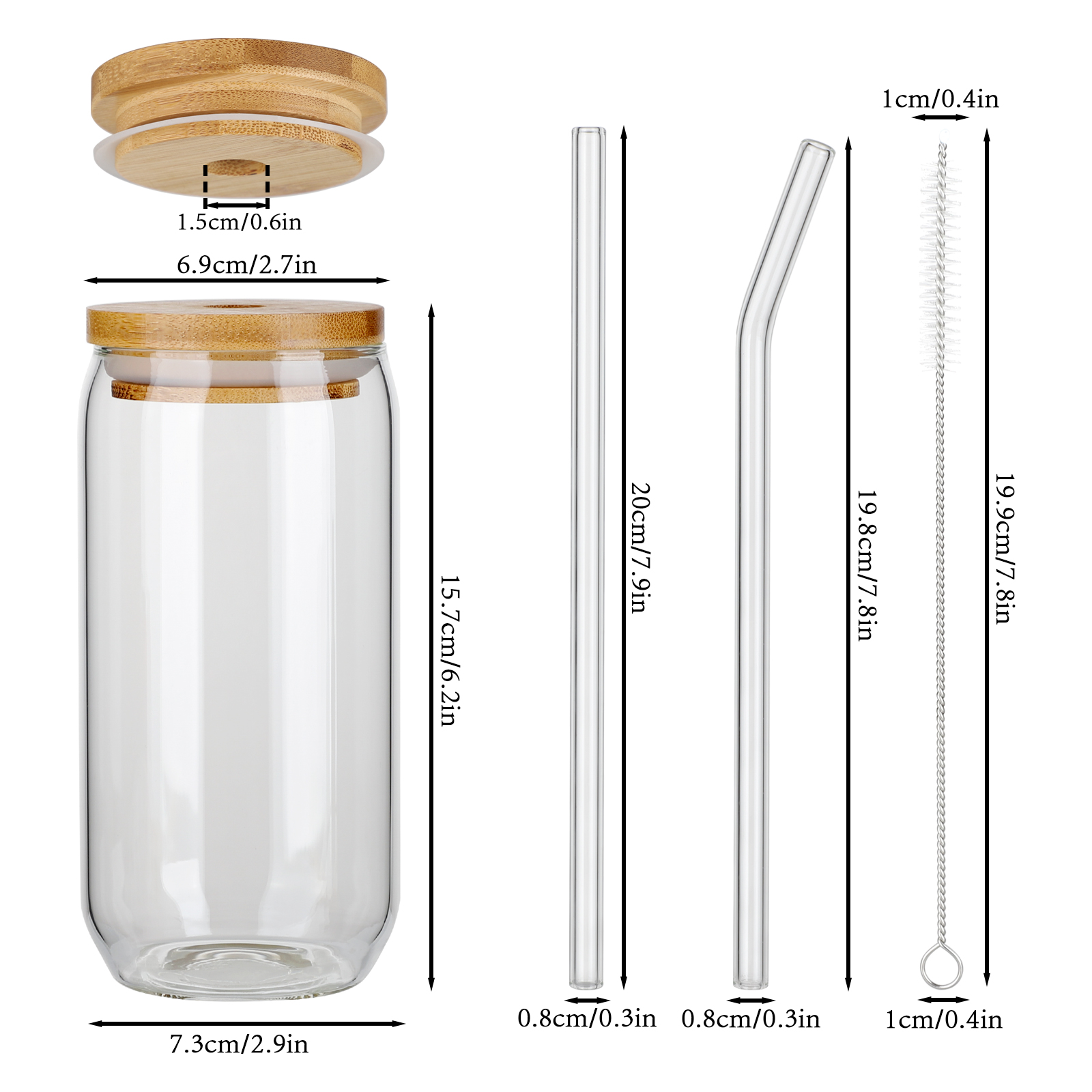 U-förmiges Glas Für Dosen Und Cola, 473 Ml Set: 4 Gläser, 4 Bambusdeckel, 1 Reinigungsbürste, 2 Gerade Glasstrohhalme, 2 Gebogene Strohhalme, 21 X 18 X 18 Cm