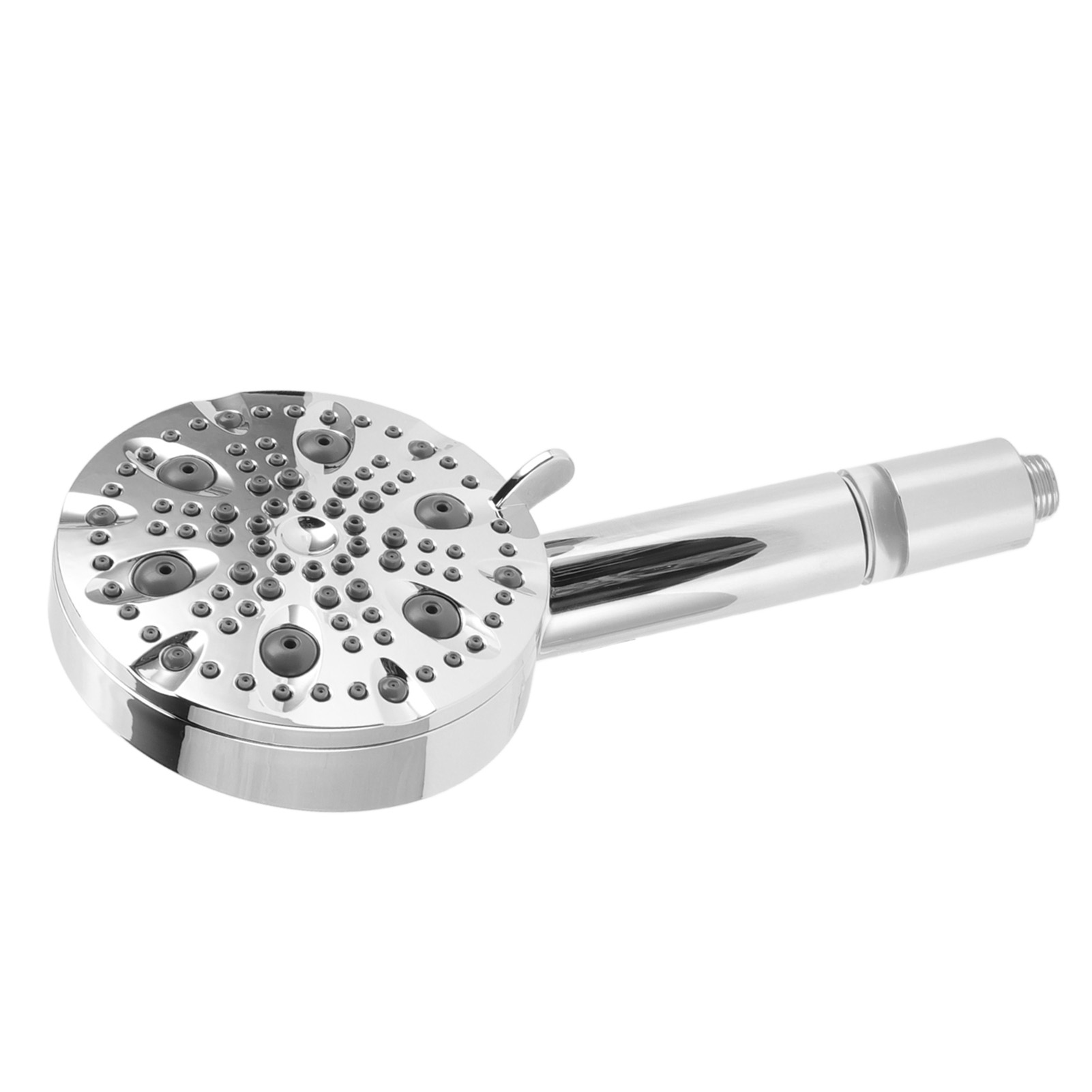 Silberne Handbrause Mit 9 Funktionen, Darunter Sprühpistole, Duschkopf Sowie Verbesserte Filterung Und Strahlfunktion.