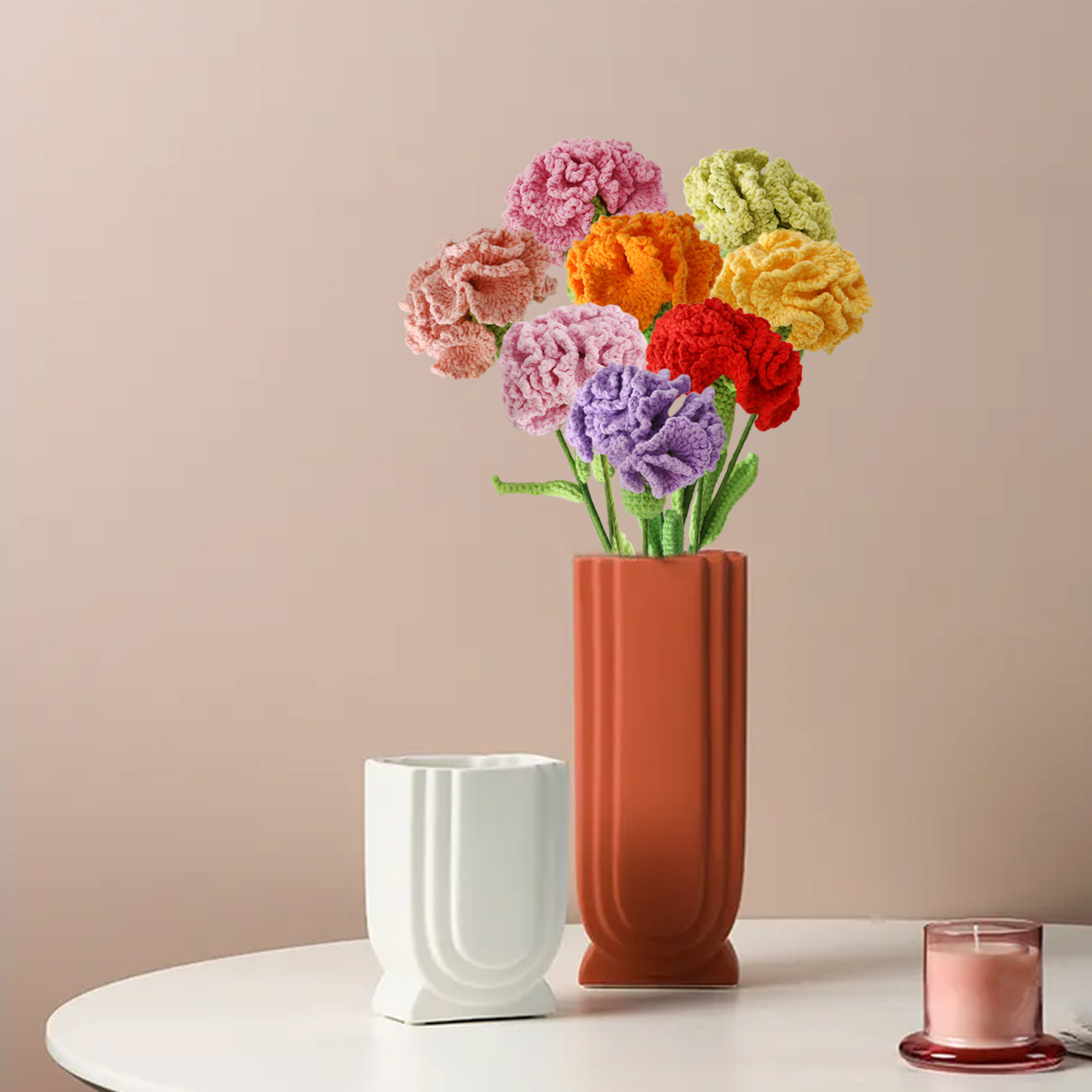 Handgefertigter Strauß Dunkelrosa Gestrickter Wollnelken, Kreative Kunstblumen, Dekorativer Zweig Fürs Regal