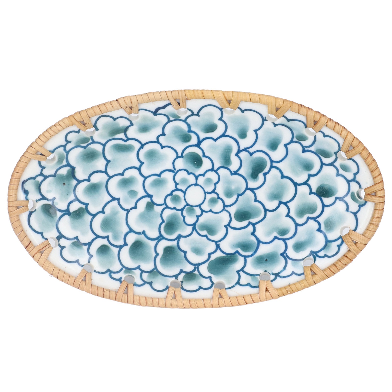 Ovaler Teller Aus Vietnamesischem Rattan, Blau-florales Porzellan, Kleiner Dekorativer Teller Mit Marineblauem Blumenmuster