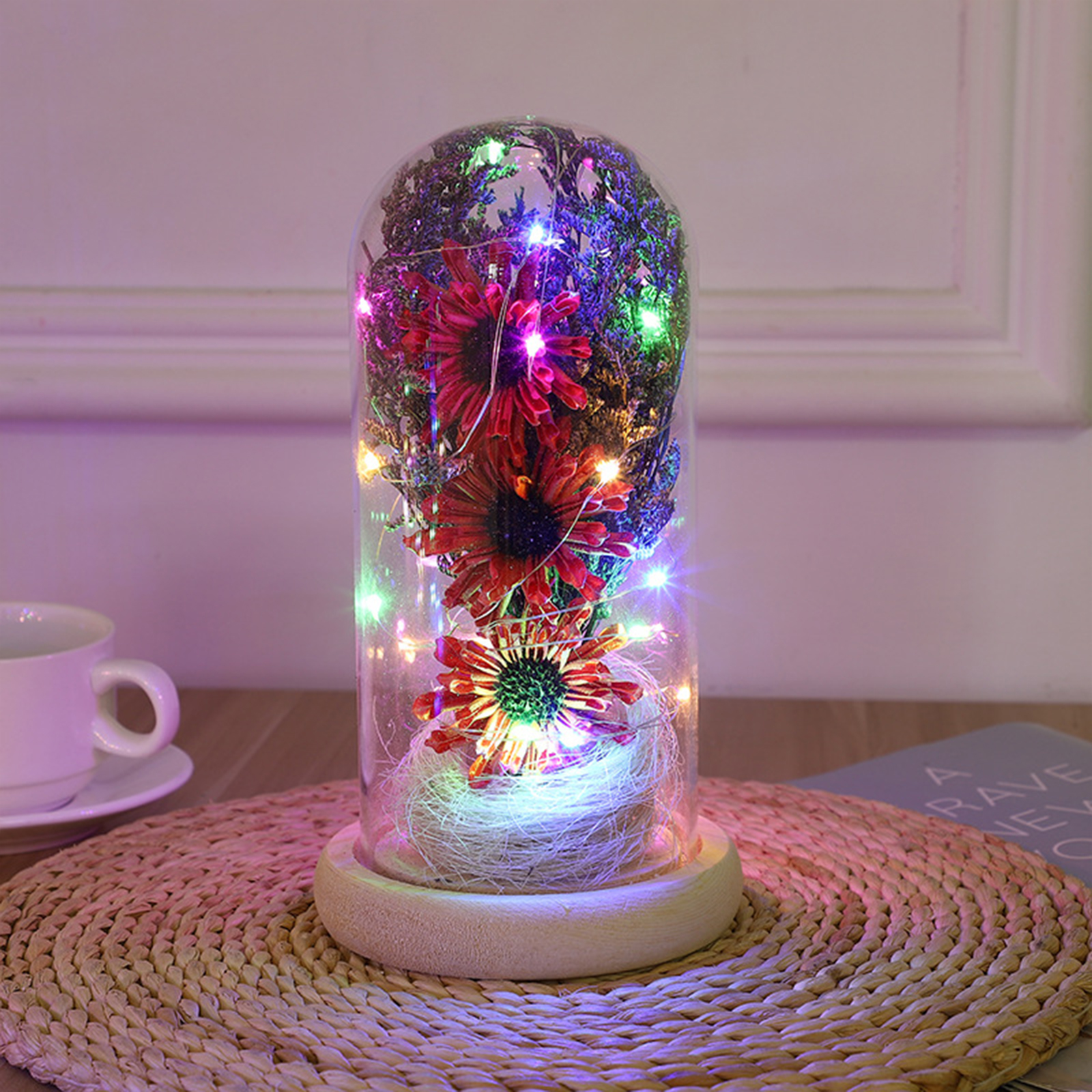 Hochwertiges, Konserviertes Blumenarrangement Aus Quarzglas, Künstliche Sonnenblume Mit Led-beleuchtung, Geschenk Zum Valentinstag/muttertag, 13,5 X 13,5 X 24,5 Cm, Stiel Aus Pet-kunststoff, 3 Aa-batt