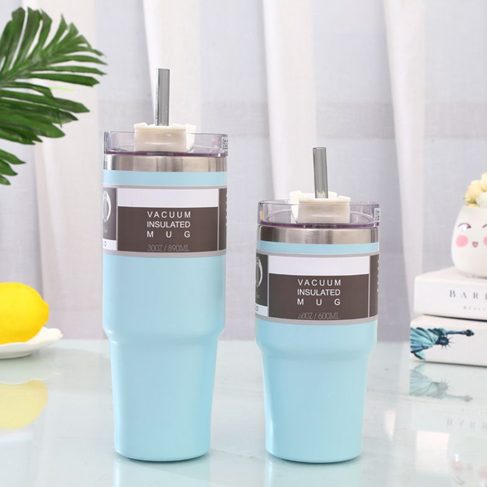 Isolierbecher Mit Strohhalm, 890 Ml, Weiß, Macaron-becher Aus Edelstahl 304, Hält Getränke Heiß Und Kalt