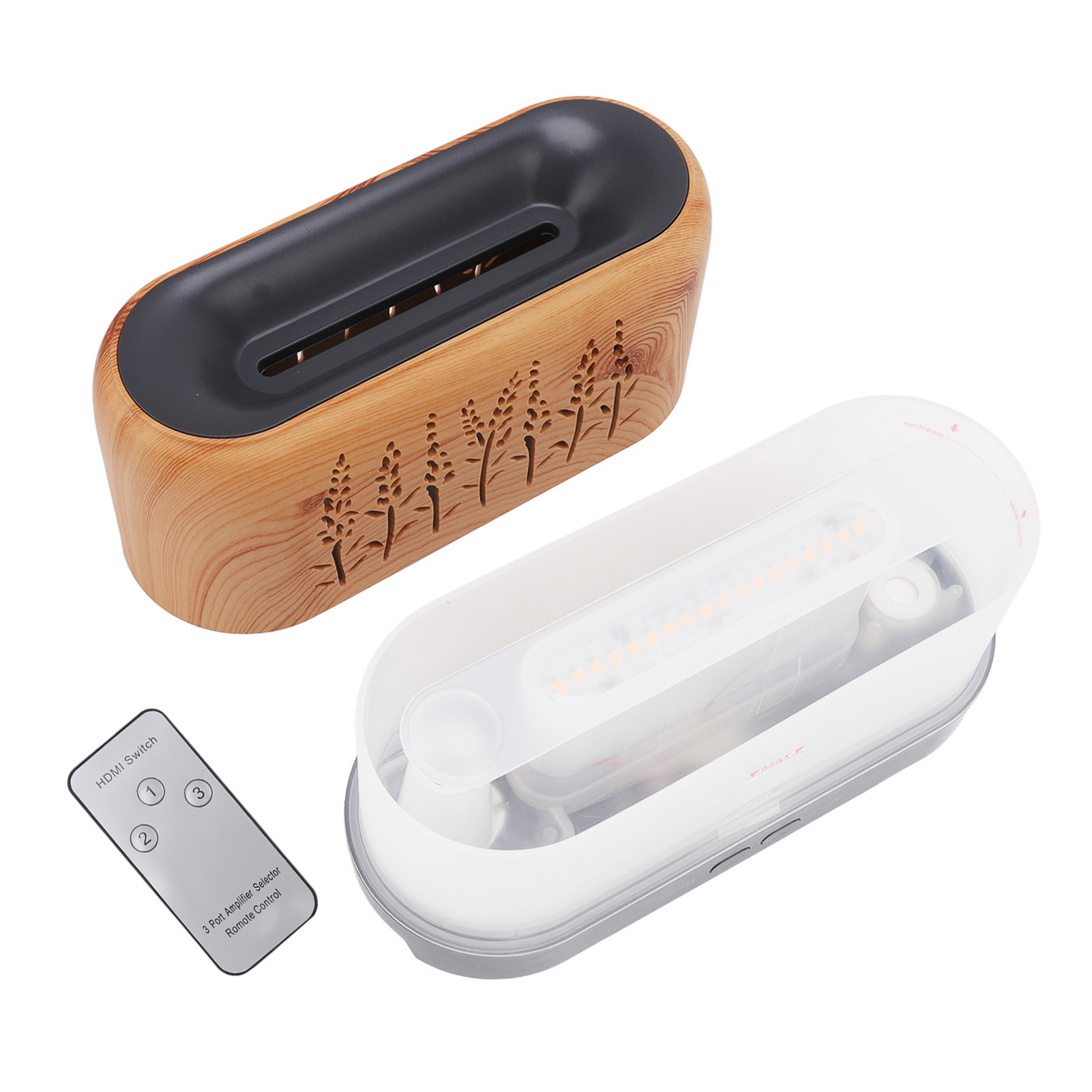 Aromatherapie-diffusor (200 Ml), Luftbefeuchter Mit Perforierter Flamme Und Umgebungslicht, Inklusive Fernbedienung, Helles Holz, 100–240 V, Ce-zertifiziert