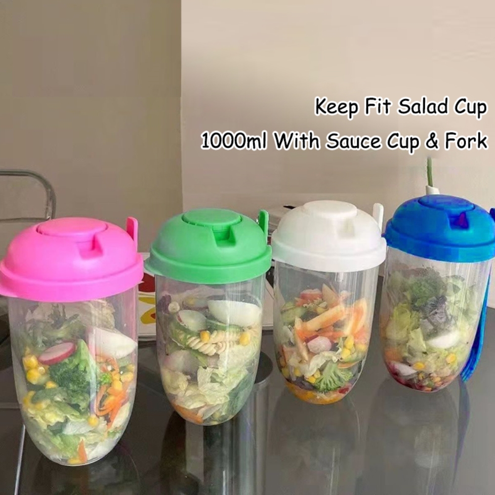 Tragbare Salatschüssel Im Mason-jar-format, 1000 Ml, Grün, Mit Deckel, Leichte Salatschüssel Fürs Frühstück, Set Mit 1 Schüssel, Gabel Und Deckel.