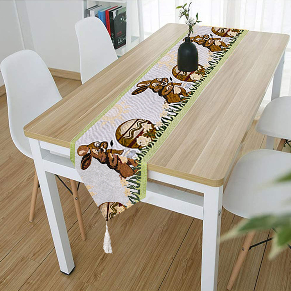 Gestricktes Osterhasen-tischset, Tischdekoration, Stofftischdecke (1 Stück), Weißes Hasenmuster Mit Blumen, Fransen
