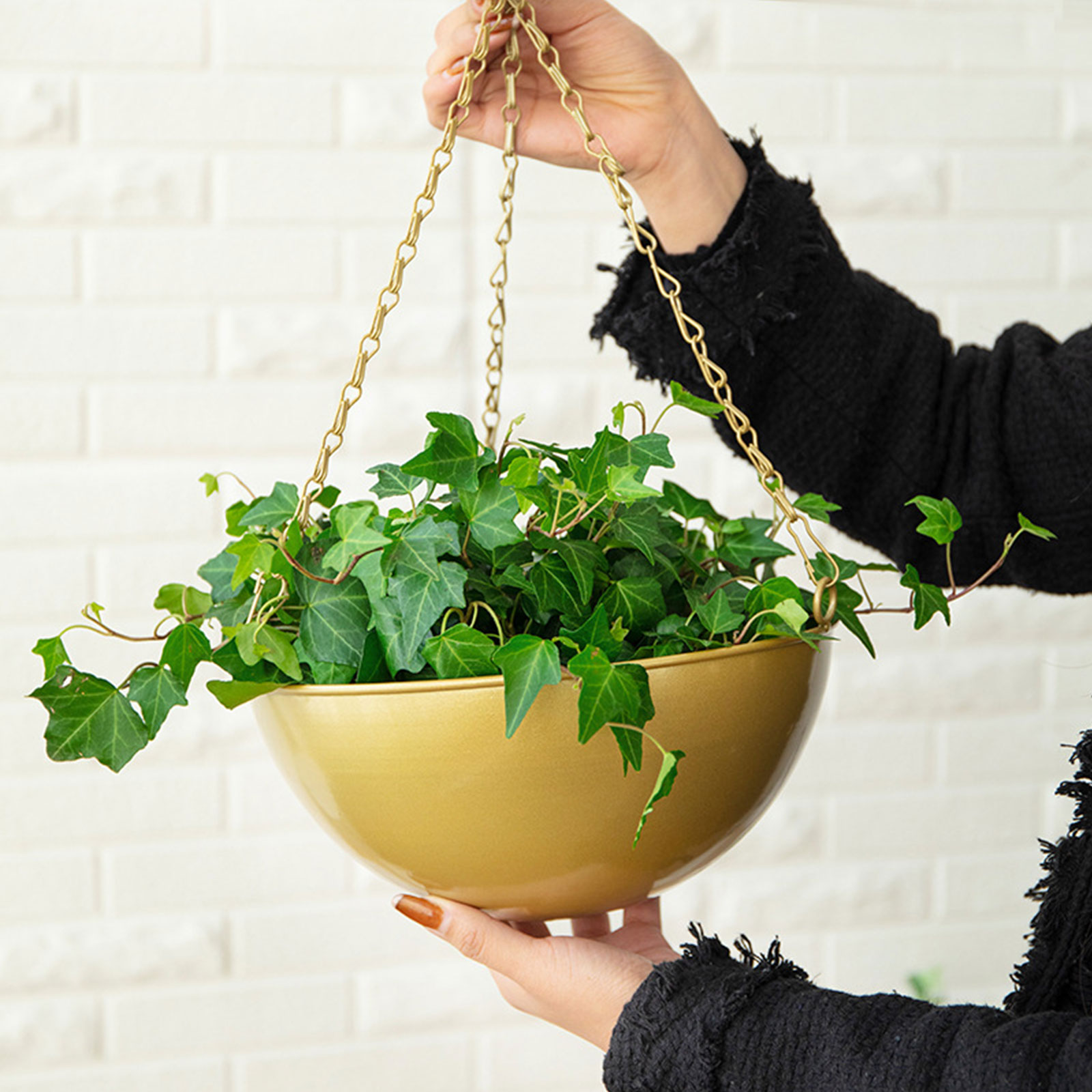 Großer, Hängender Wandkorb Aus Goldfarbenem Schmiedeeisen Ohne Abflussloch Für Grünpflanzen, Efeu, Orchideen, Dekorative Aufhängung.