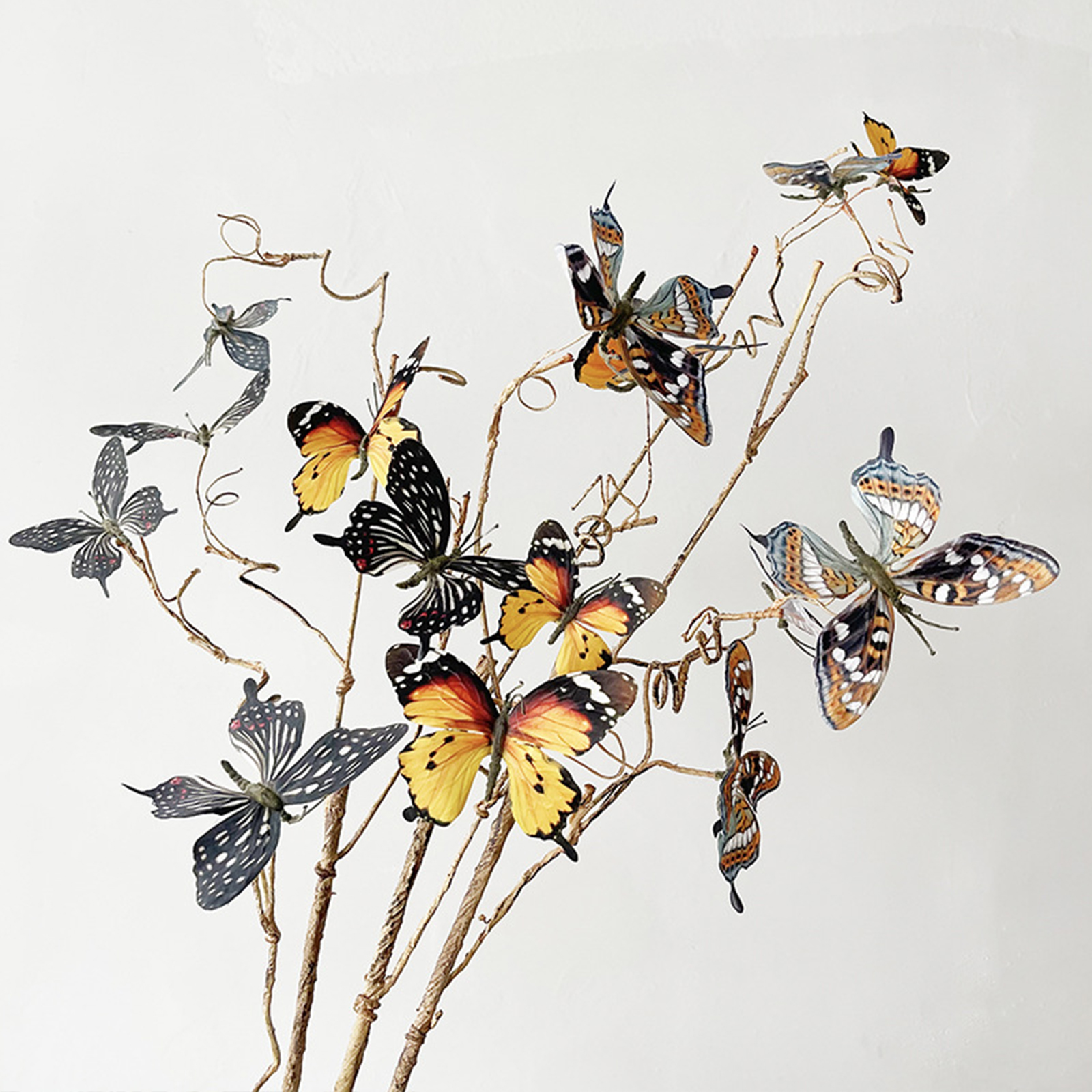 Orangefarbenes Set, Realistischer, Abgestorbener Ast, Schmetterling Aus Seidenstoff Und Metallfaden, 80 Cm, Natürliche Dekoration (40x7x2)