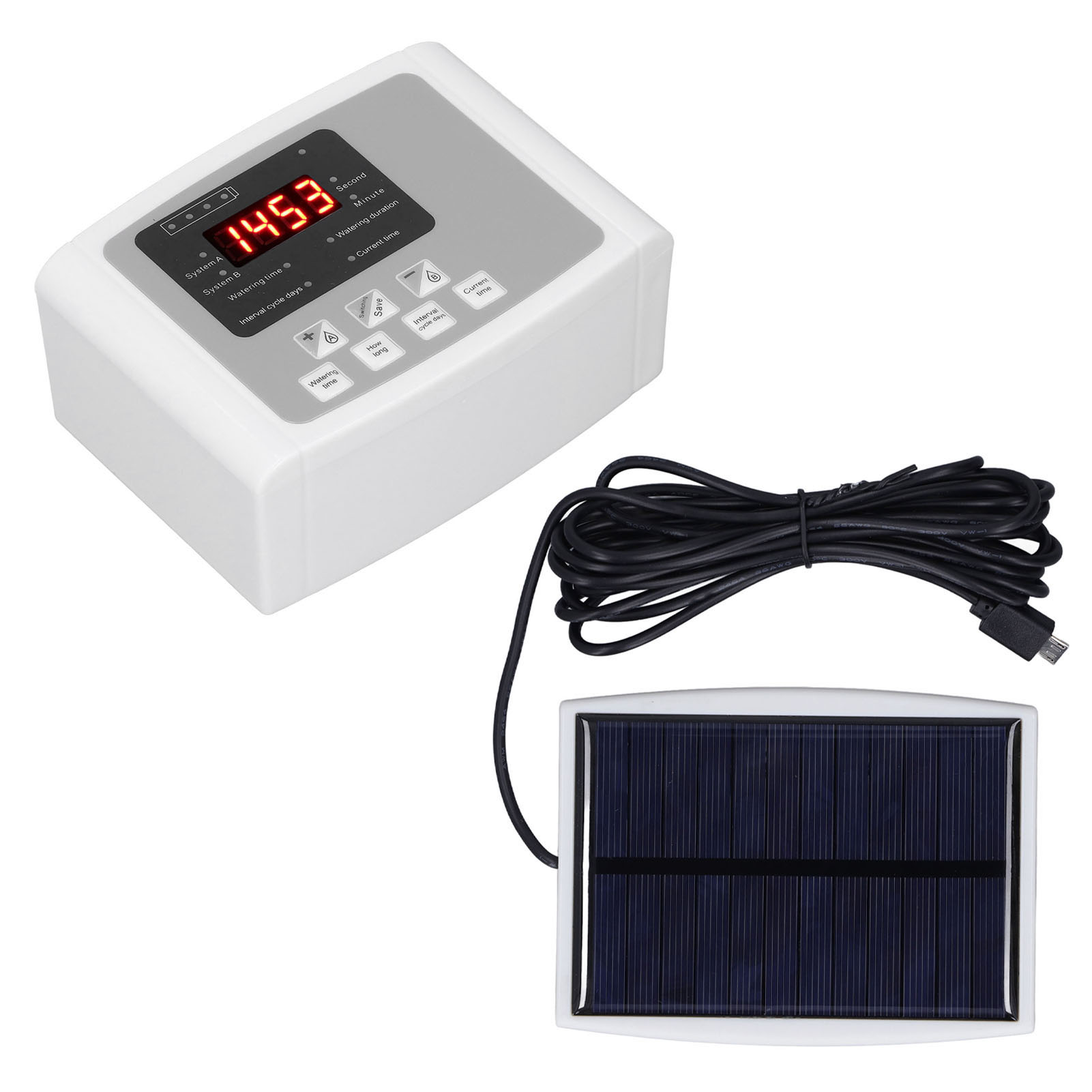 Automatisches Solar-bewässerungsset Mit Einer Grauen Pumpe, Einem 10 M Langen Schlauch Und Integriertem Batterieregler